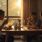 Keluarga Indonesia membaca berita ekonomi terbaru di rumah