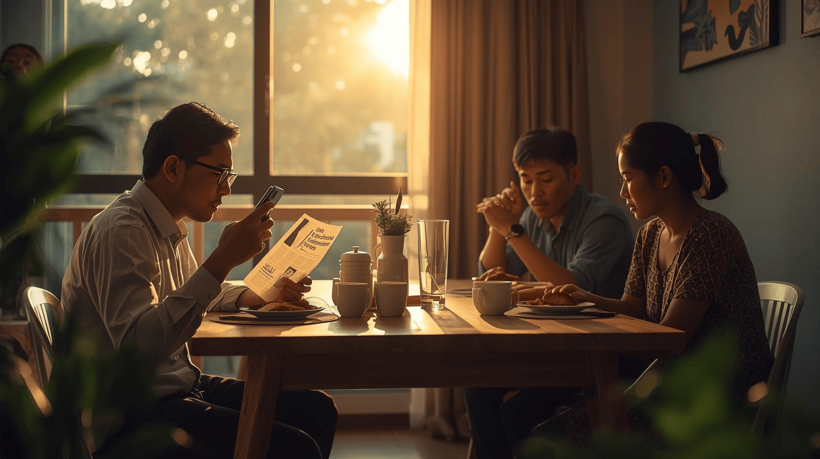 Keluarga Indonesia membaca berita ekonomi terbaru di rumah