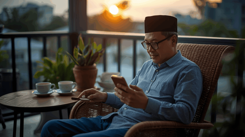 Membaca berita hangat hari ini melalui smartphone di pagi hari