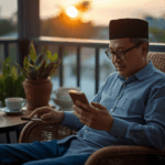 Membaca berita hangat hari ini melalui smartphone di pagi hari