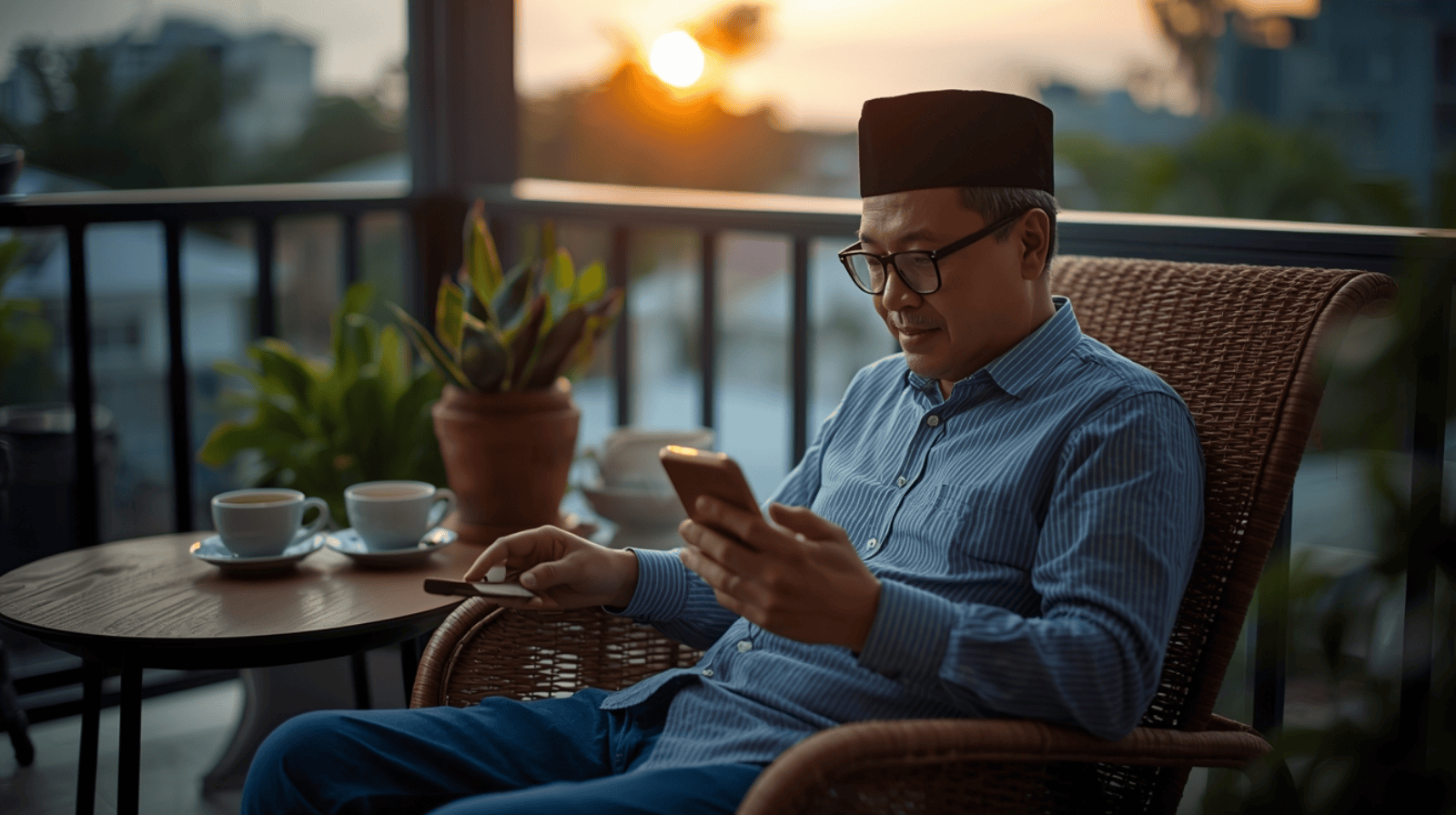 Membaca berita hangat hari ini melalui smartphone di pagi hari
