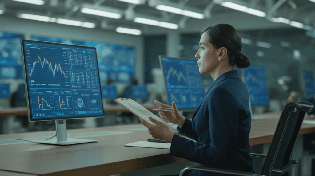 ilustrasi analis pemerintahan sedang mengulas berita politik hari ini di ruang kerja modern