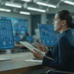 ilustrasi analis pemerintahan sedang mengulas berita politik hari ini di ruang kerja modern