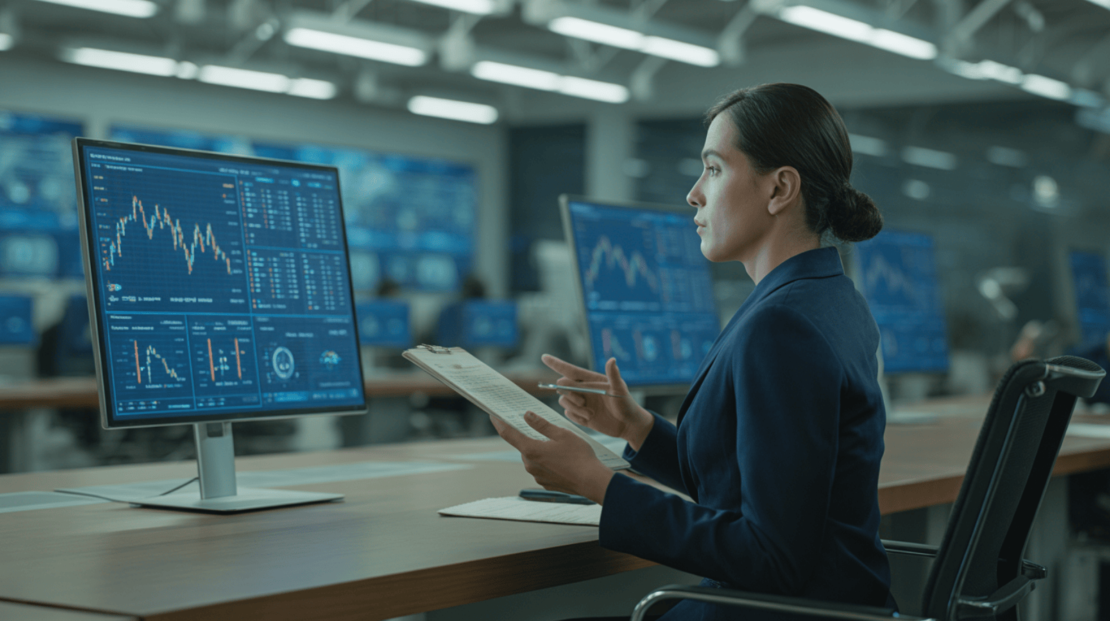 ilustrasi analis pemerintahan sedang mengulas berita politik hari ini di ruang kerja modern