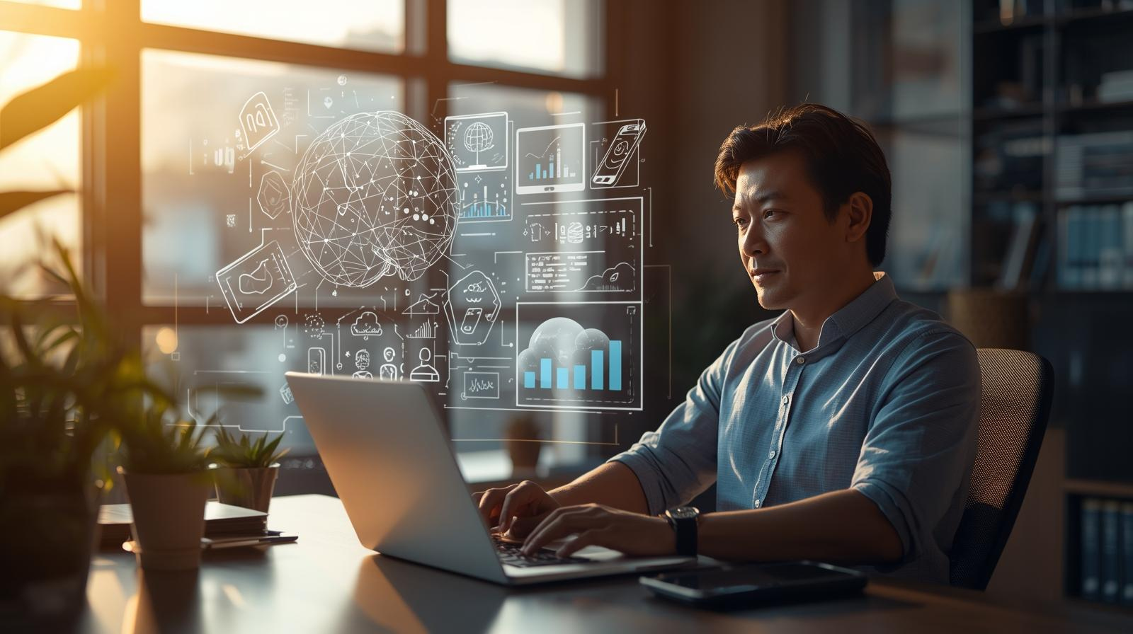 Berita teknologi terbaru ditampilkan dalam ruang kerja modern dengan perangkat digital canggih