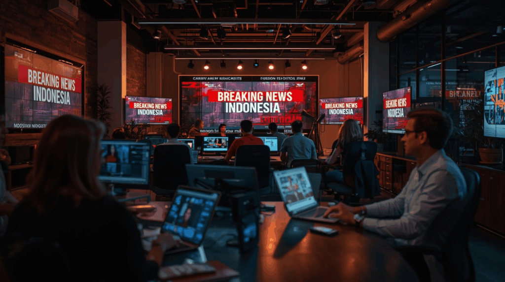 newsroom indonesia modern dengan layar digital breaking news indonesia