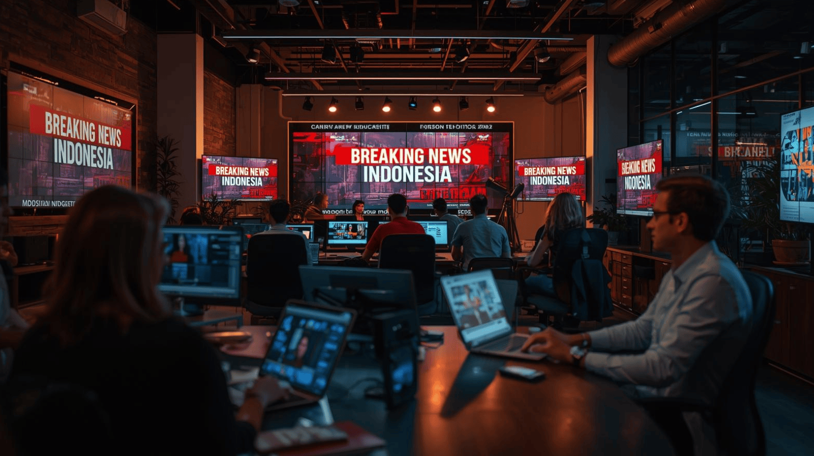newsroom indonesia modern dengan layar digital breaking news indonesia