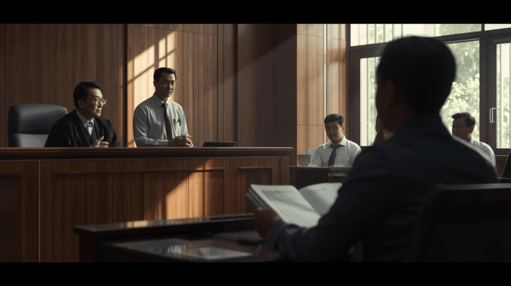 Suasana ruang sidang pengadilan modern di Indonesia saat proses persidangan berlangsung