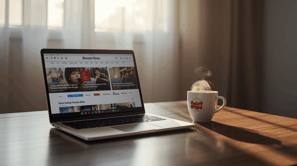 Laptop menampilkan berita populer minggu ini di meja kerja rumah