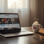 Laptop menampilkan berita populer minggu ini di meja kerja rumah