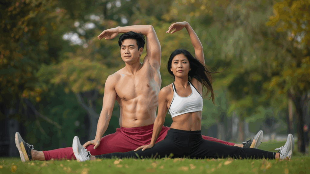 Dynamic stretching sebelum olahraga, pemanasan otot, atlet di taman, gym modern, mencegah cedera