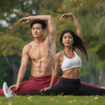 Dynamic stretching sebelum olahraga, pemanasan otot, atlet di taman, gym modern, mencegah cedera