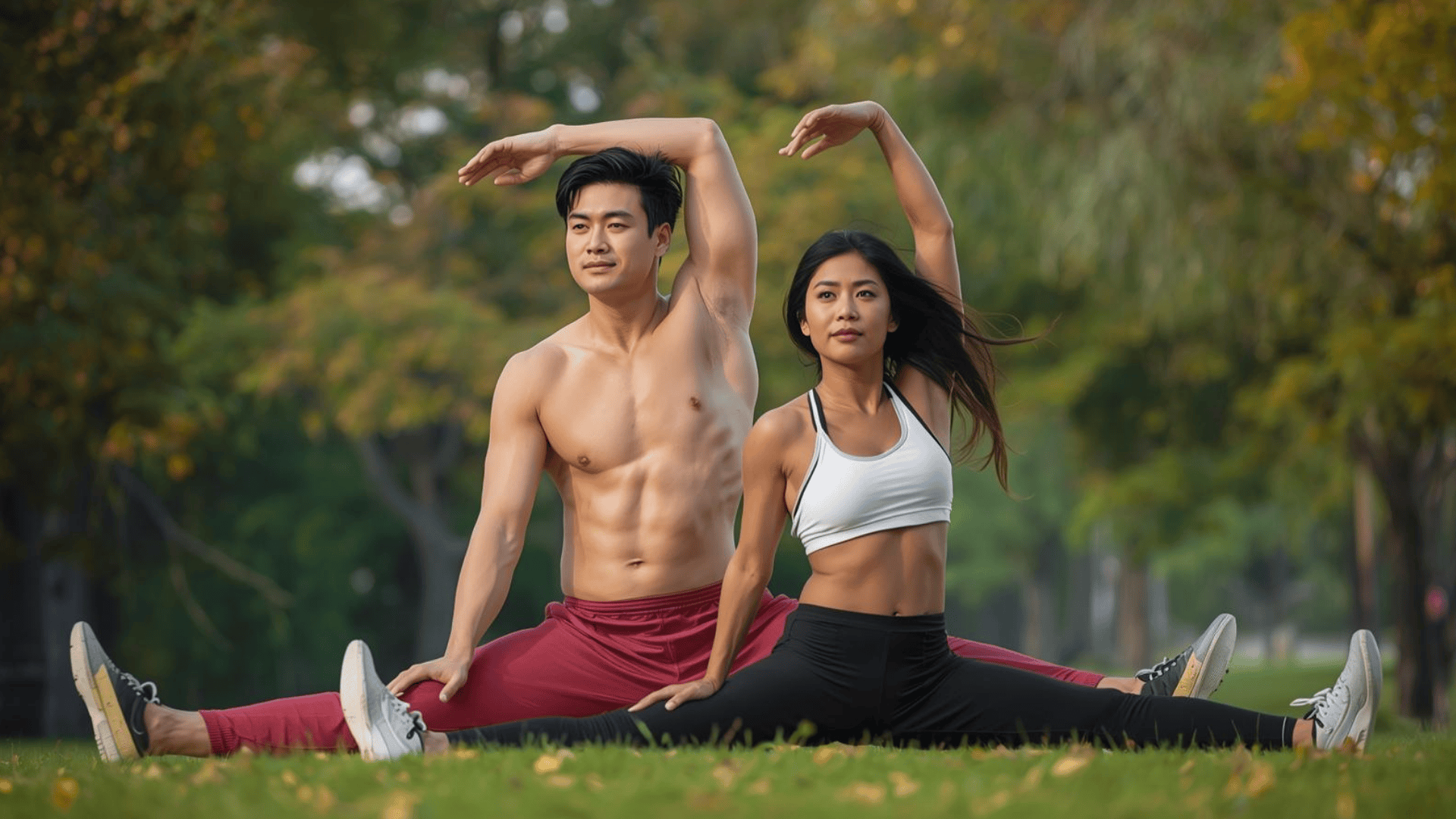 Dynamic stretching sebelum olahraga, pemanasan otot, atlet di taman, gym modern, mencegah cedera